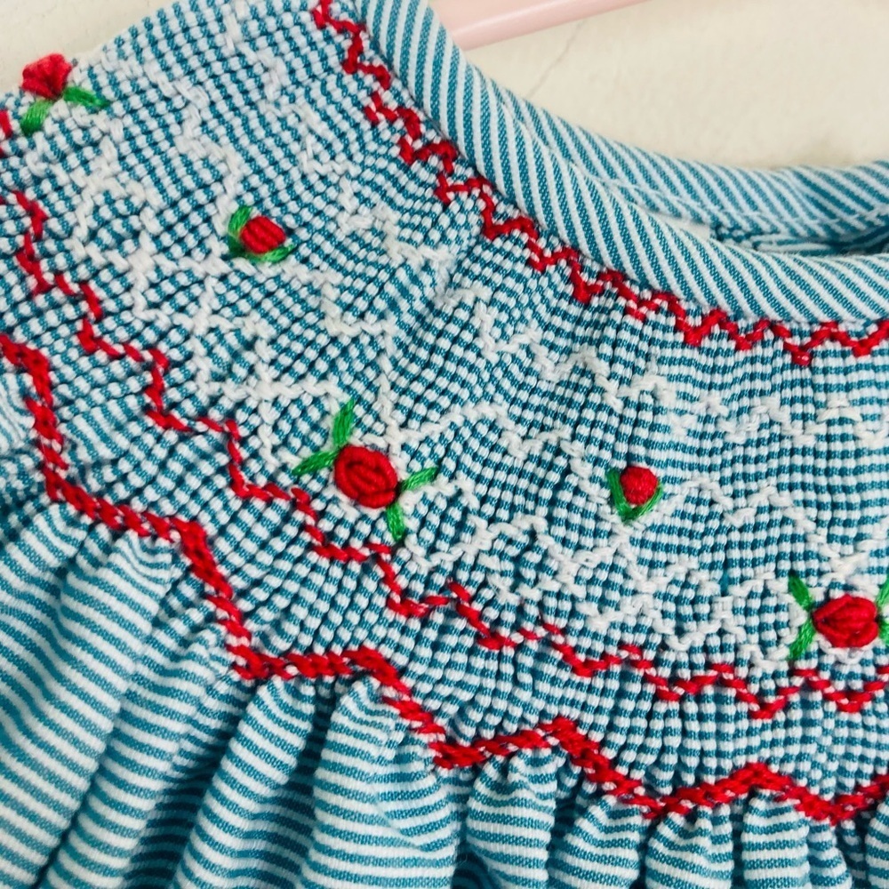 Lulu Bebe blue and white striped smocked dress with red embroidered floral. 12m - Picture 3 of 7